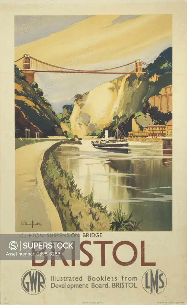 Poster produced for the Great Western Railway (GWR) and London, Midlands & Scottish Railway (LMS) to promote rail travel to Bristol. The poster shows ...
