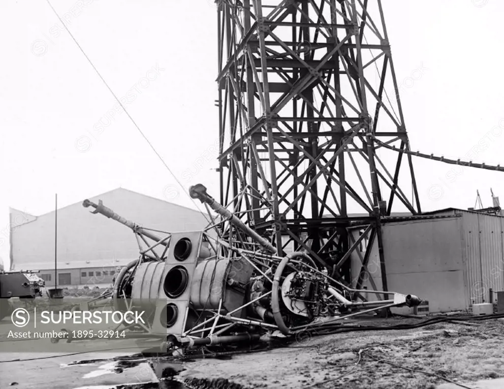 Rolls-Royce Thrust Measuring Rig (TMR) XK426 at Hucknall after its accident. The TMR or ´Flying Bedstead´ was used to test the principles of jet power...