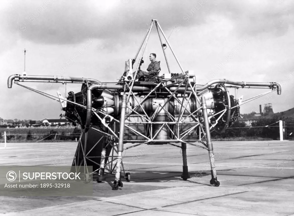 Rolls-Royce Thrust Measuring Rig (TMR) XK426 at Hucknall. The TMR or ´Flying Bedstead´ was used to test the principles of jet powered vertical flight....
