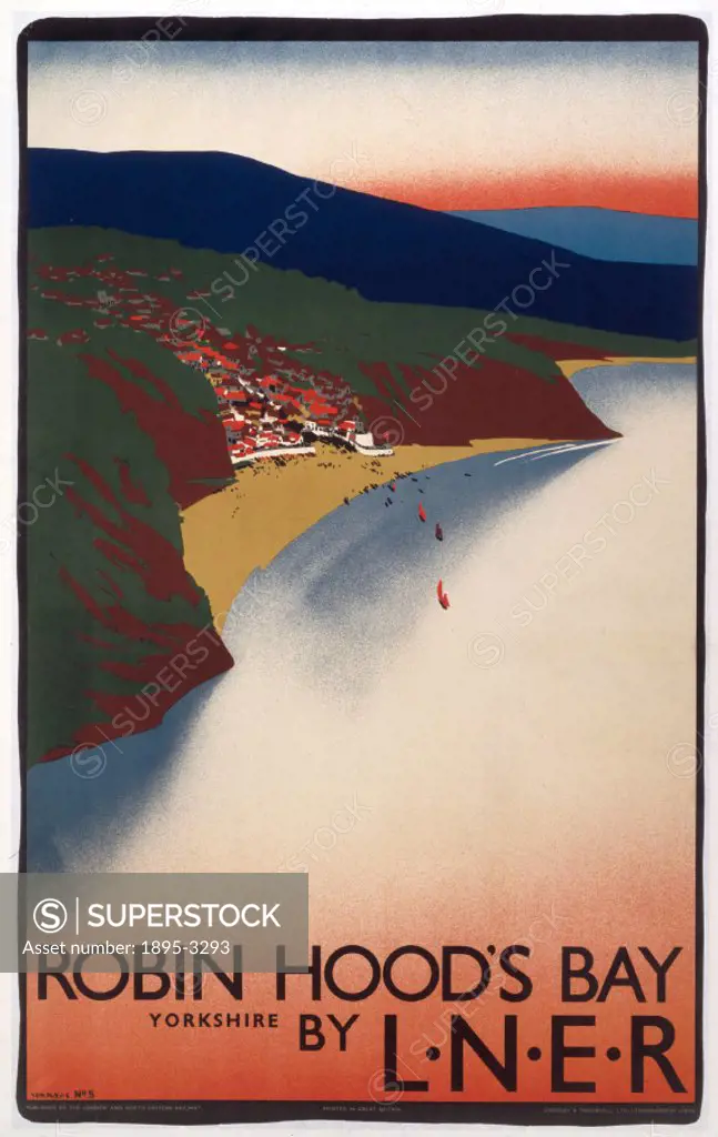 London & North Eastern Railway (LNER) poster promoting rail travel to Robin Hood´s Bay in Yorkshire. Artwork by Tom Purvis.