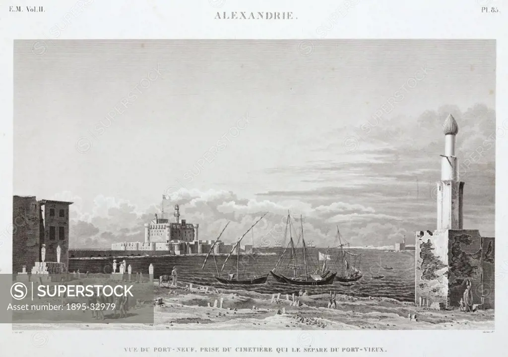 Engraving by Gareau after Cecile, of the new port seen from the cemetery which separated it from the old port. In the foreground a French officer over...