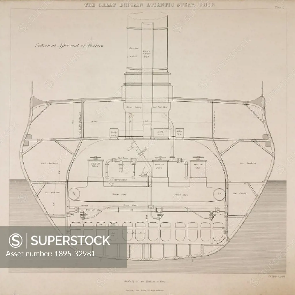 Section at after end of boilers. The SS ´Great Britain´ was the first screw-propelled vessel to cross the Atlantic, as well as being the first iron-bu...