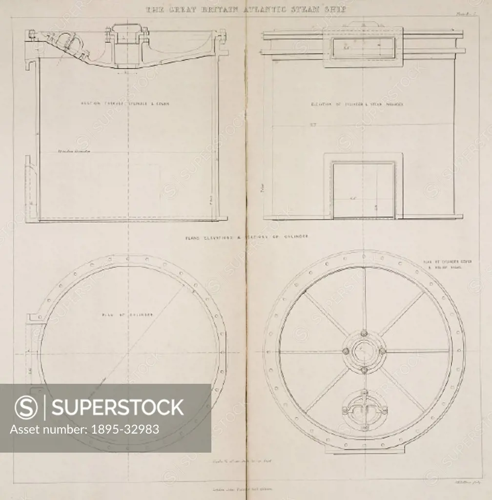 Sections, elevations and plans of cylinder, relief valve and steam passages. The SS ´Great Britain´ was the first screw-propelled vessel to cross the ...