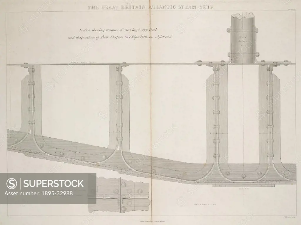 Section showing manner of carrying cargo deck and disposition of plate sleepers in ships bottom at the aft end. The SS ´Great Britain´ was the first ...