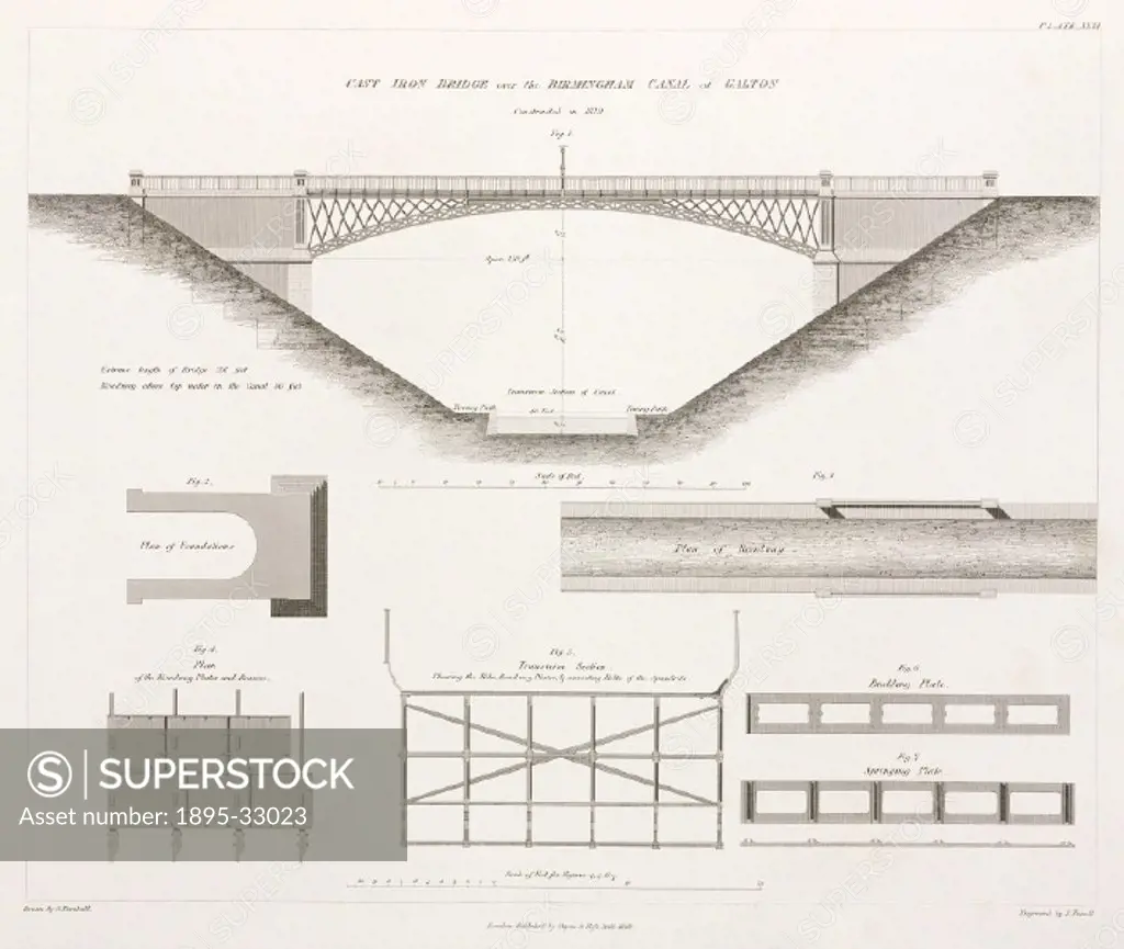 Diagram of the cast iron bridge over the Birmingham Canal at Smethwick in the West Midlands, built in 1829. The bridge was designed by Thomas Telford ...