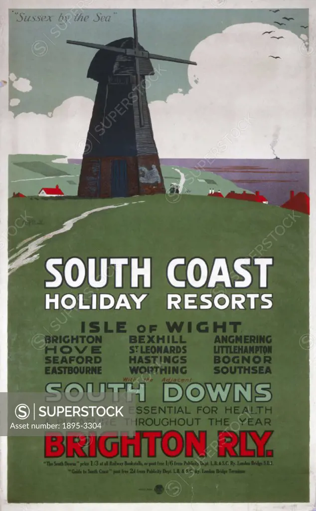 Poster featuring a windmill on the coast produced for the London Brighton & South Coast Railway (LBSCR) to promote travel to Brighton, the Isle of Whi...