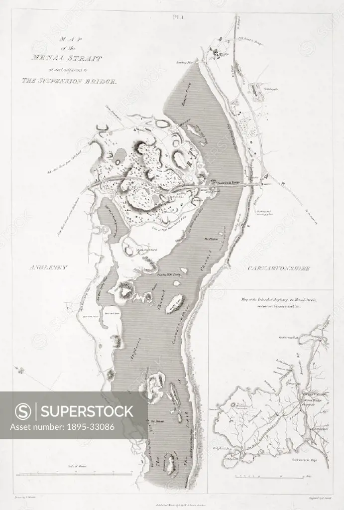 Map showing the suspension bridge over the Menai Strait between Carnarvon on the right (now Gwynedd) and the Isle of Anglesey (left). The bridge conne...