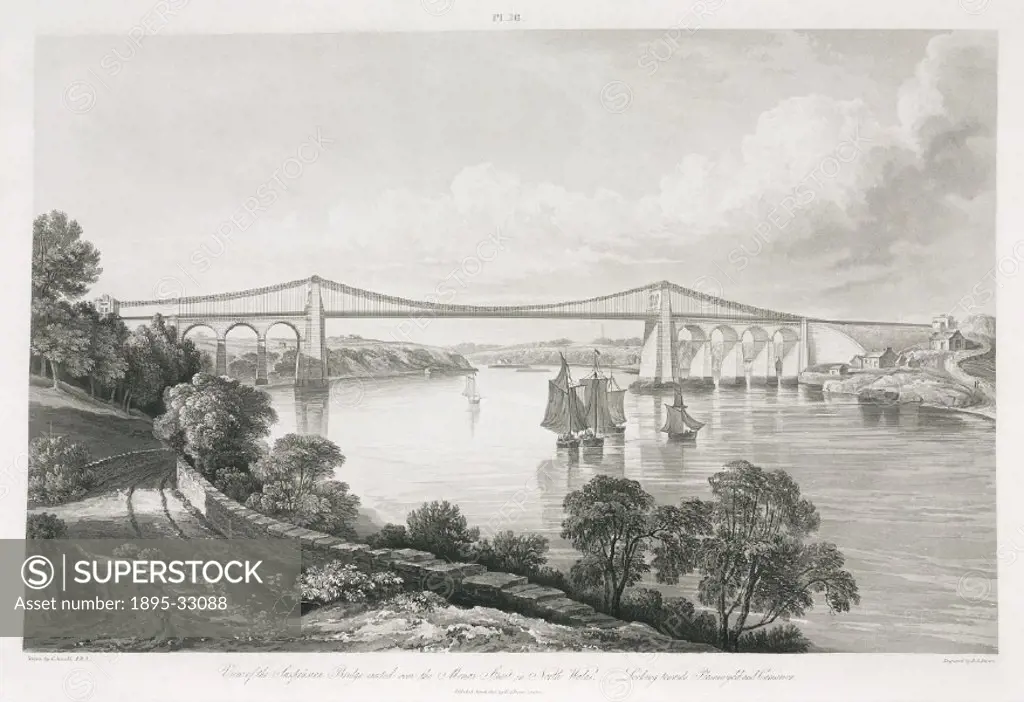View of the suspension bridge erected over the Menai Strait in North Wales - looking towards Plasnewydd and Caernarvon’. The bridge connecting the Is...