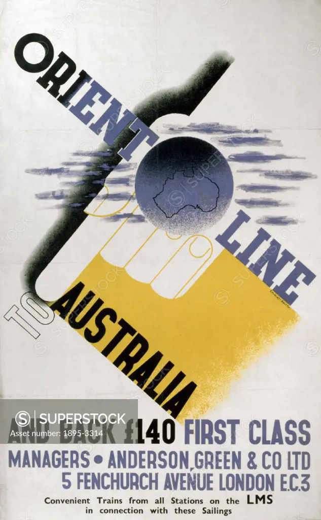 Poster produced for the London Midland & Scottish Railway (LMS) advertising trains connecting with sailings to Australia, with a first class return pr...