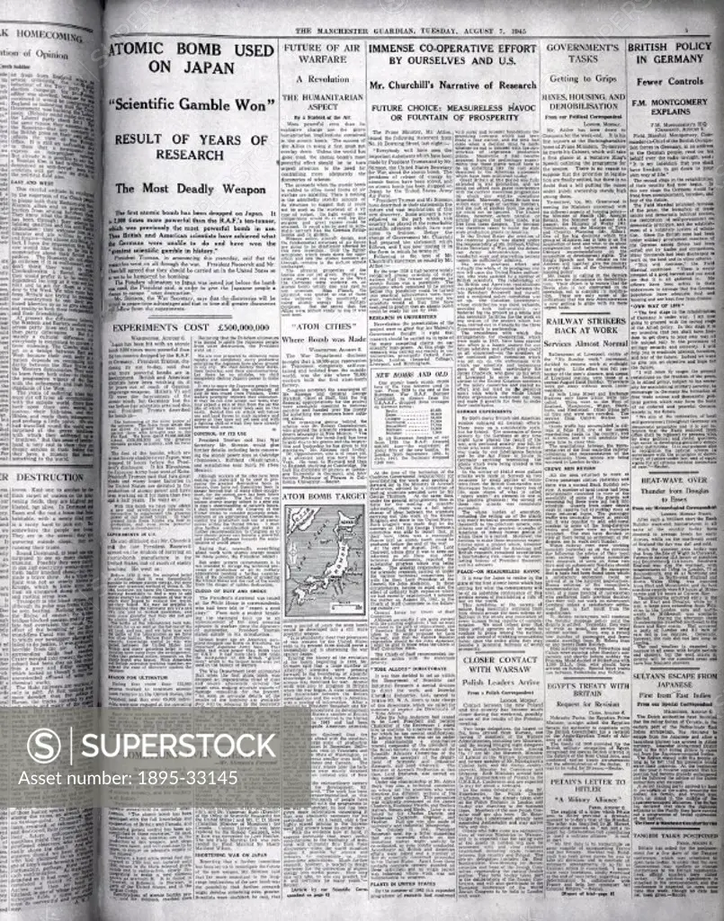 The Guardian newspaper, Tuesday 7 August 1945.Page from The Guardian announcing the dropping of atomic bombs on Japan.