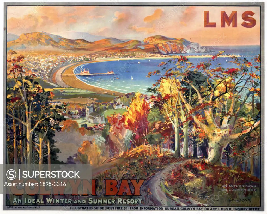 Poster produced for the London, Midland & Scottish Railway (LMS), promoting rail travel to the Welsh seaside town of Colwyn Bay, An Ideal Winter and ...