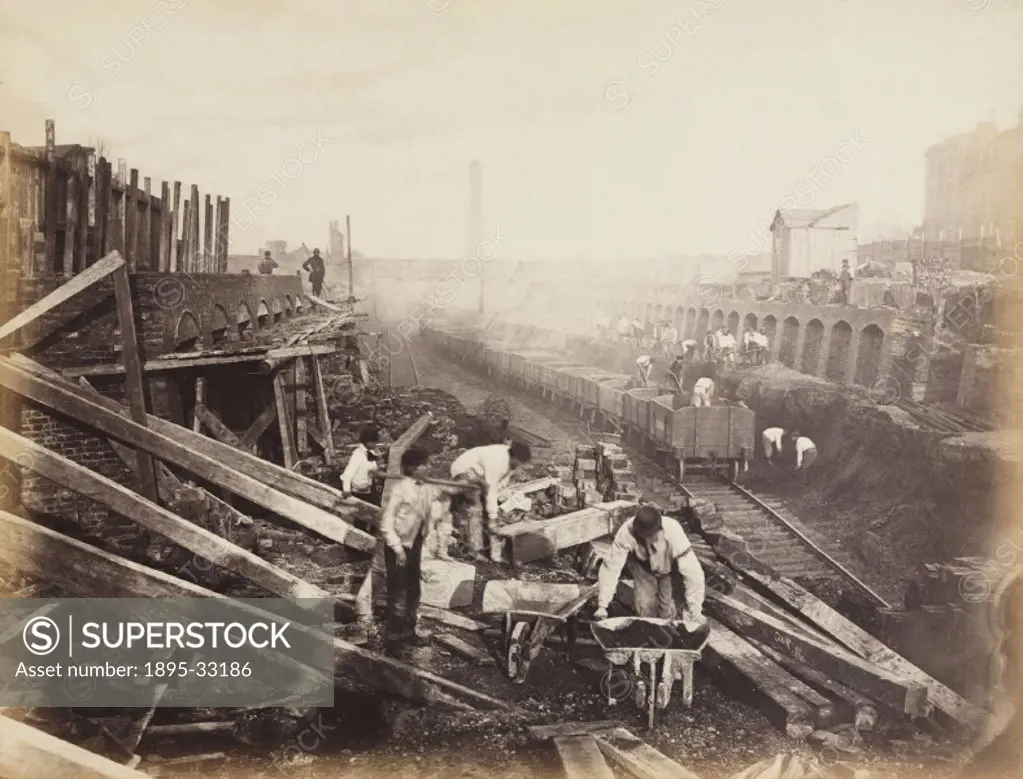 One of a series of photographs by Henry Flather showing the construction, undertaken between 1866 and 1870, of the Metropolitan District Railway´s (MD...