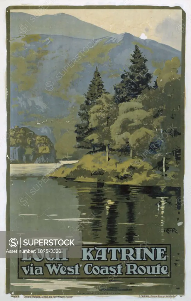 Poster produced for London & North Western Railway (LNWR) and Caledonian Railway (CR) to promote rail travel to Loch Katrine, Stirling, Scotland via t...