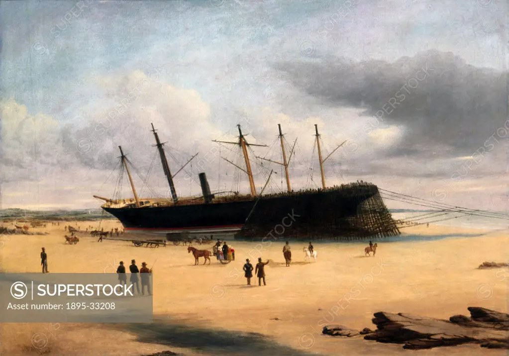 Oil painting showing SS Great Britain after she ran ashore at Dundrum Bay in September 1846, after which she was sold by the Great Western Steam Ship ...
