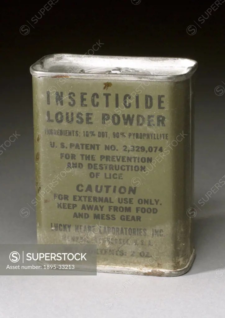Tin of insecticide louse powder made by Lucky Heat Laboratories Inc of Memphis, Tennessee, issued duing World War Two.