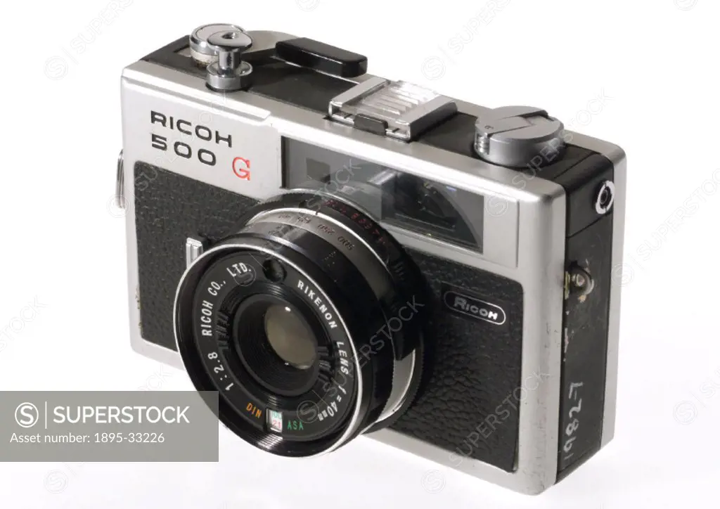 Ricoh 500G 35 mm camera, c 1971.Model number 05820670 with 40 mm f2.8 Ricoh Rikenon lens. The most common film format during this time was 35 mm film.