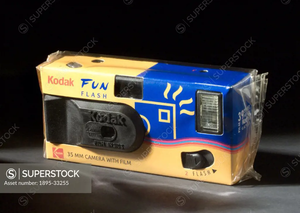 Kodak Fun Flash’ disposable 35mm camera, 1999.Camera with built-in 39 exposure film and flash. Disposable cameras have become popular in recent times...