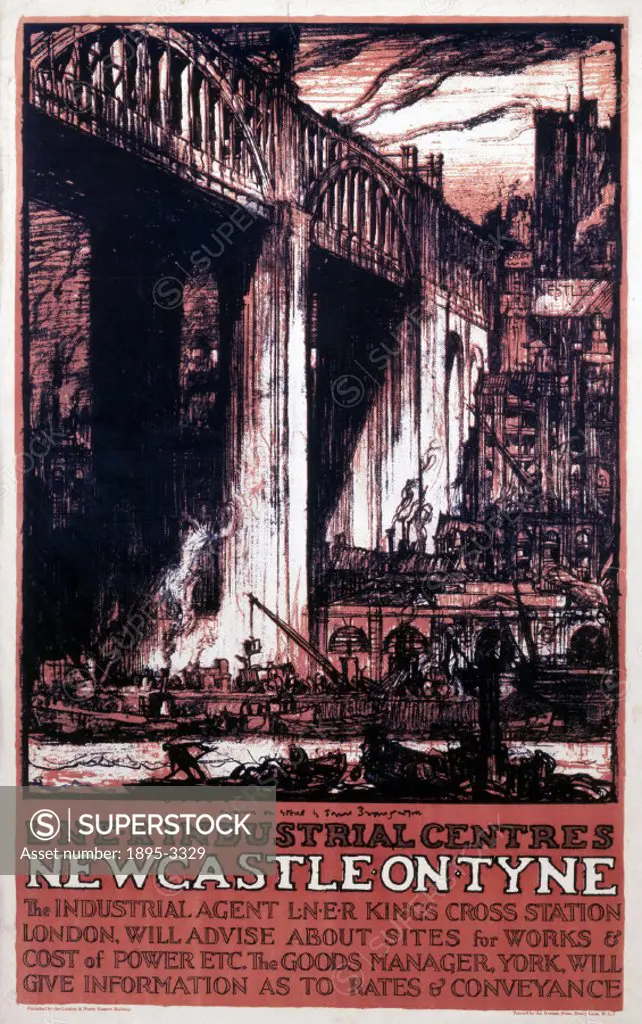 Poster produced for the London & North Eastern Railway (LNER), showing an industrial view of the city of Newcastle upon Tyne. Artwork by Frank Brangwy...