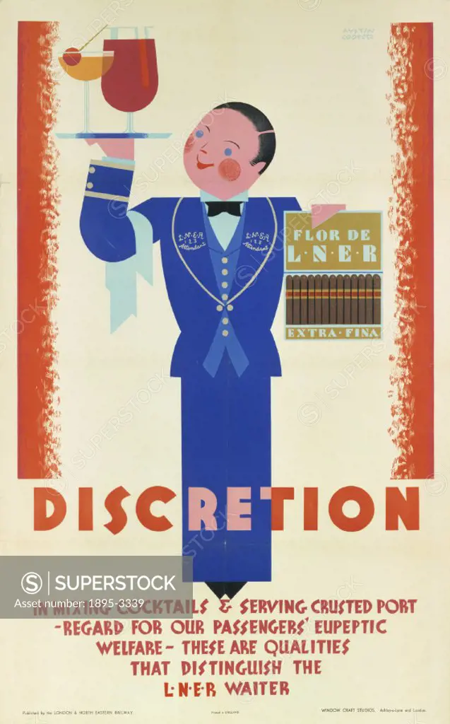 Poster produced by London & North Eastern Railway (LNER) to advertise the excellent service passengers can expect from LNER waiters in the dining rest...