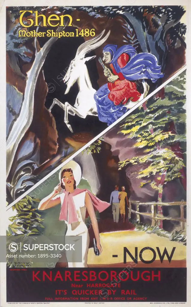 Poster produced for the London and North Eastern Railway (LNER) to promote rail travel to Knaresborough in North Yorkshire. The poster is illustrated ...
