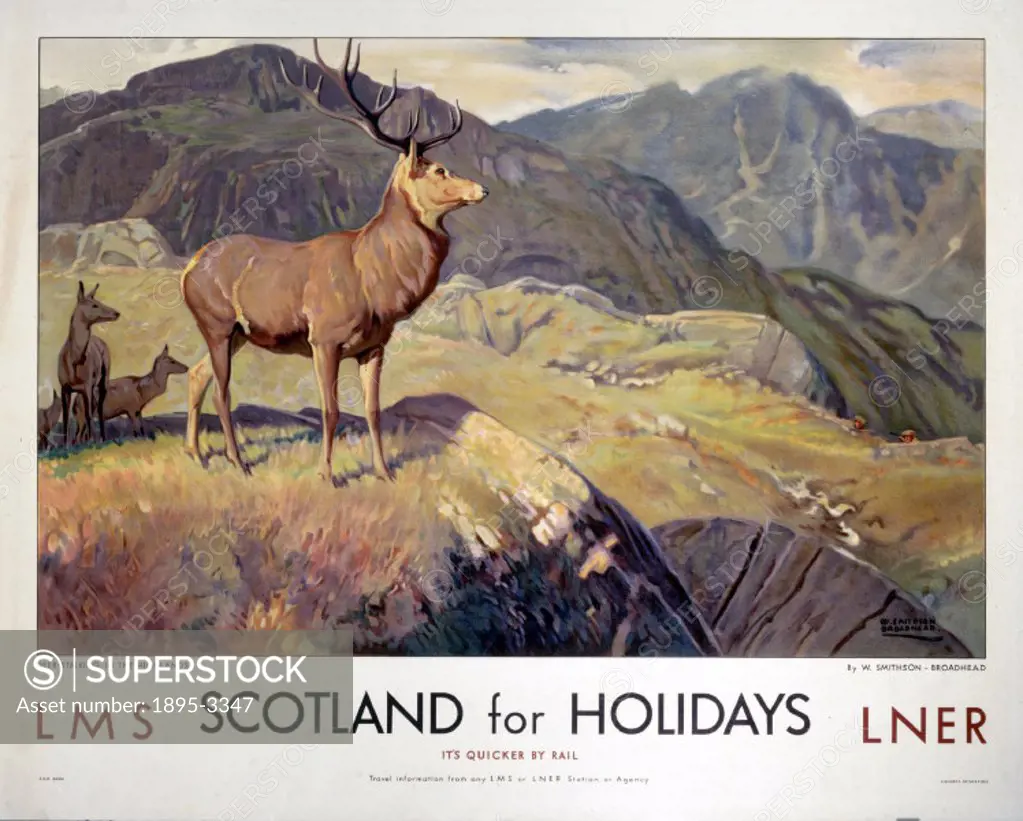 Deer Stalking in the Highlands’, London Midland & Scottish Railway/London & North Eastern Railway poster showing stags amidst mountain scenery. Artwo...