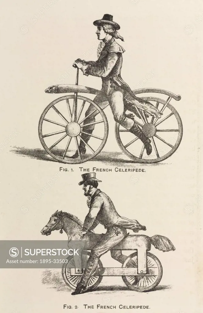 Two types of early forerunners to the bicycle. The hobby´ or ´dandy horse´ was invented by the German Baron Karl von Drais in France in 1817. It was ...