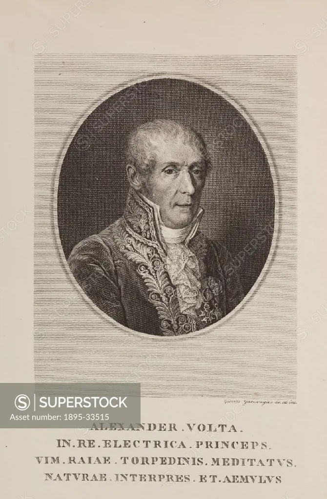 Portrait engraving by Giovita Garavaglia of Count Alessandro Giuseppe Anastasio Volta (1745-1827). Volta was the inventor of the voltaic pile, an earl...