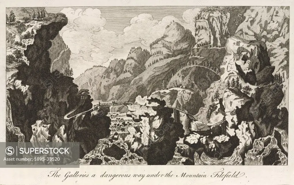 Engraving showing a mountainous landscape including a bridge over a waterfall, from ´The Natural History of Norway´ by Erich Pontoppidan (1698-1764), ...