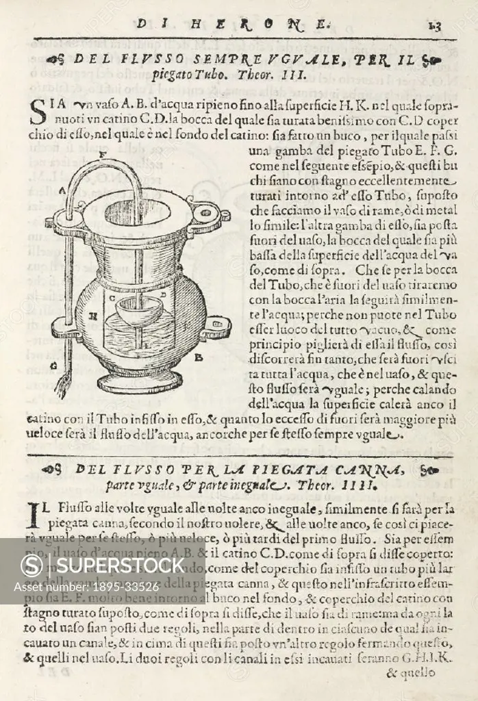 Engraved diagram: ´If we draw the air in the siphon through the outer extremity, the water will at once follow because of the impossibility of a conti...