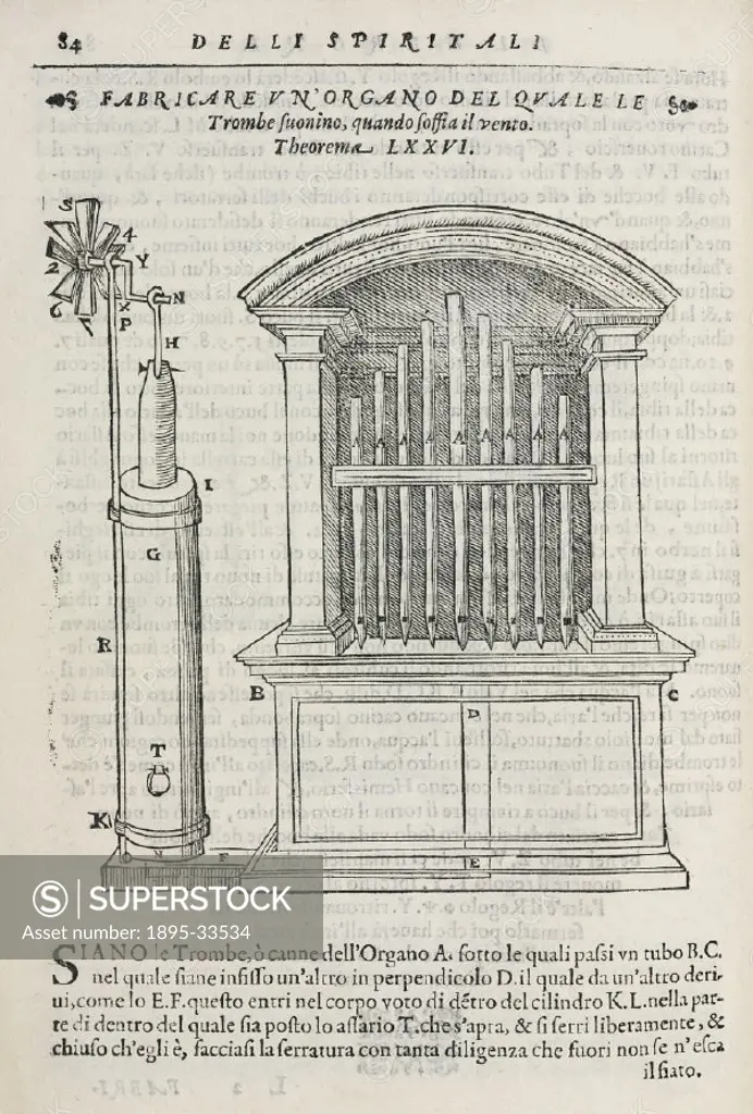 Engraved diagram showing a system of pistons, pivots, wheels, plates, rods and pins, which cause wind to power an organ. The arms or sails of the wind...