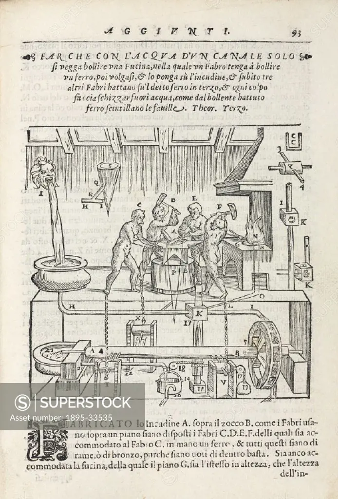 Engraved diagram showing four naked smiths rhythmically hitting iron on an anvil. On the right is a furnace, with a water supply on the left. Below is...