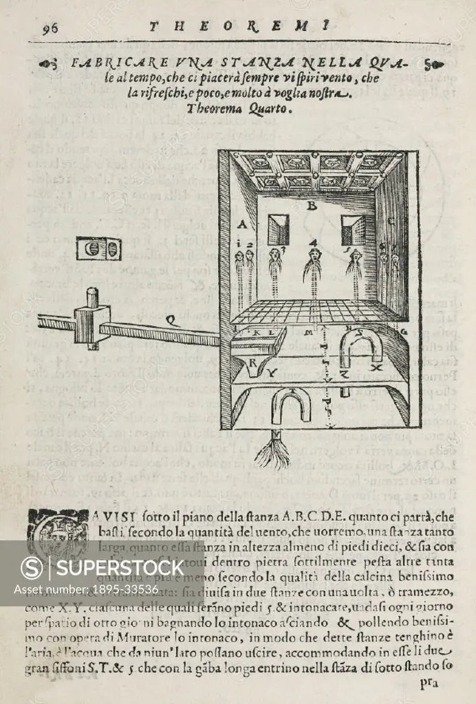 Engraved diagram showing a method of ventilating a room. Illustration from ´Gli artifitiosi et curiosi moti spiritali di Herrone´ (commonly called ´Pn...