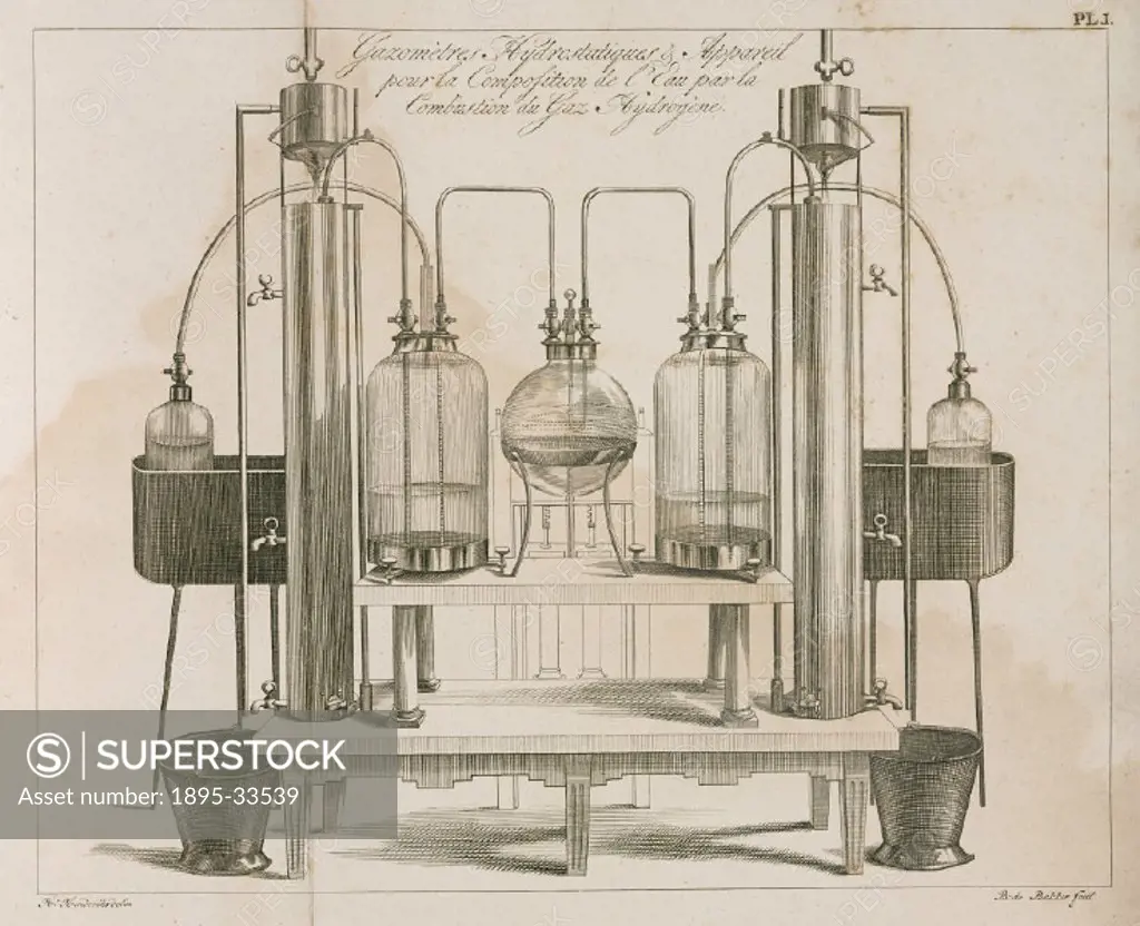 Engraving of Hydrostatic Gasometers and Equipment for the Composition [or combination of Water by the Combustion of Hydrogen Gas’. Illustration from...