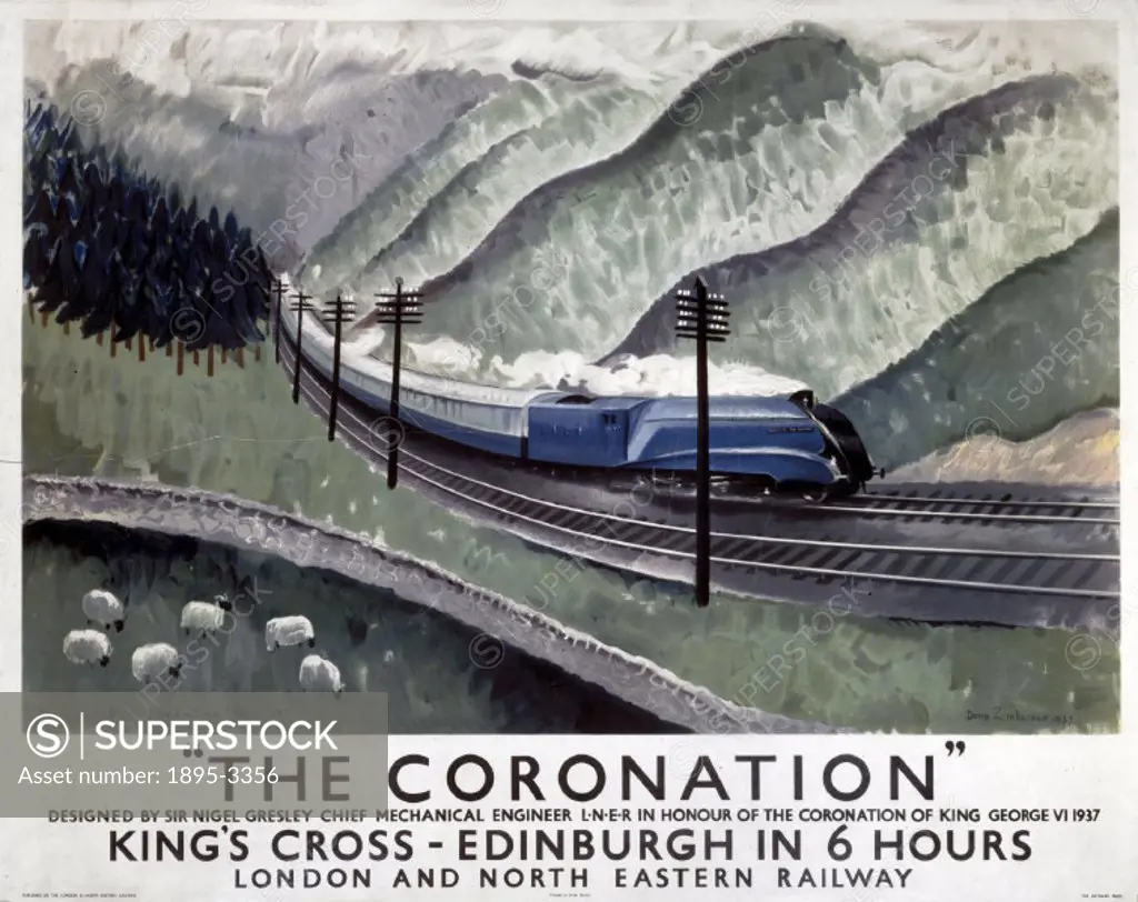 London & North Eastern Railway (LNER) poster promoting rail travel on The Coronation steam locomotive between London King´s Cross station and Edinburg...