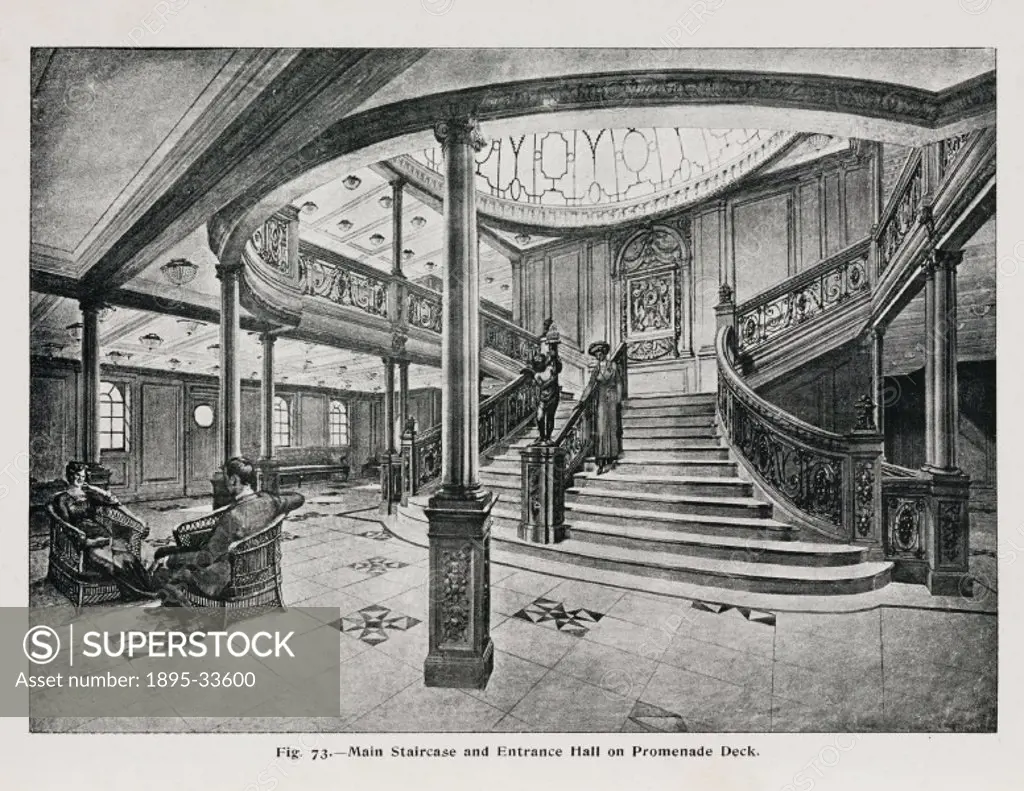 View of the main staircase and entrance hall on the promenade deck. The largest vessel in the world at the time and older sister of the Titanic, Olymp...