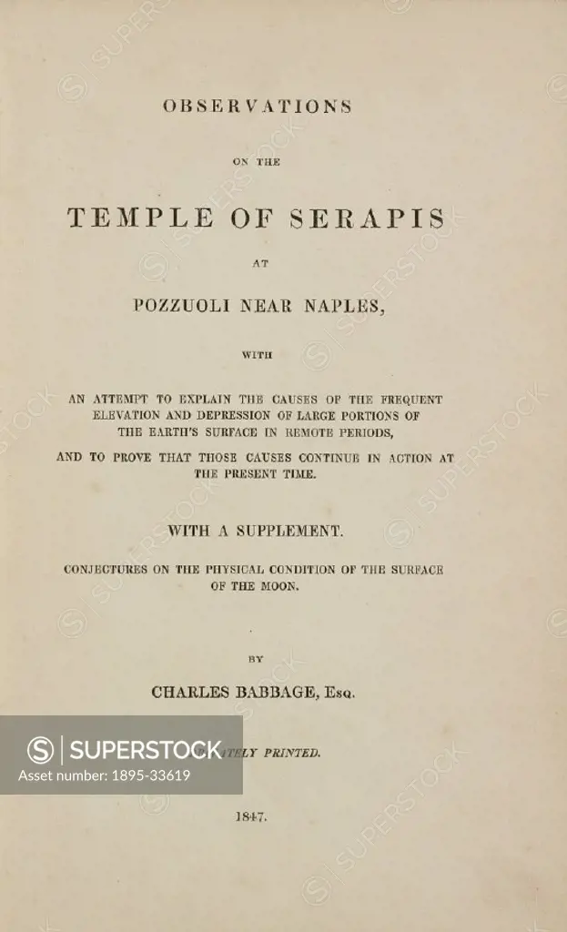 Cover to mathematician and ´father´ of computing Charles Babbage´s (1791-1871) ´Observations on the Temple of Serapis at Pozzuoli near Naples´, publis...