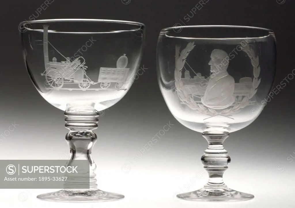 Bristol glass goblets, made in the year the Liverpool and Manchester Railway opened. One of them is engraved with a portrait of George Stephenson (178...