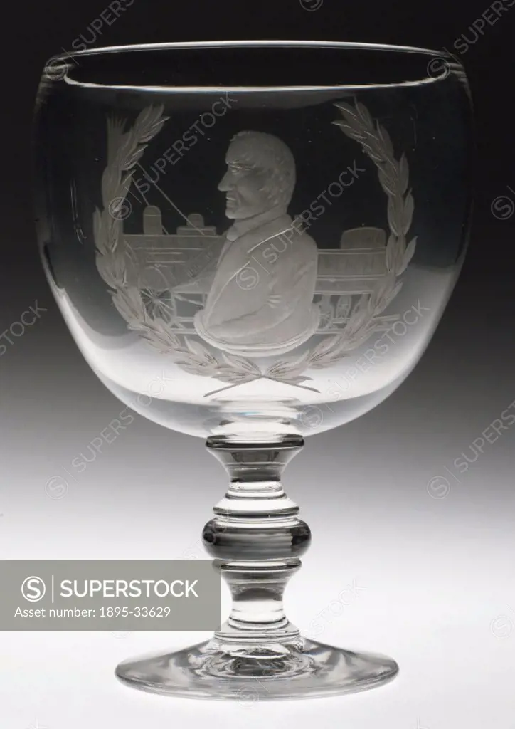 One of a pair of Bristol glass goblets, made in the year the Liverpool and Manchester Railway opened. Stephensons (1781-1848) early working life was ...
