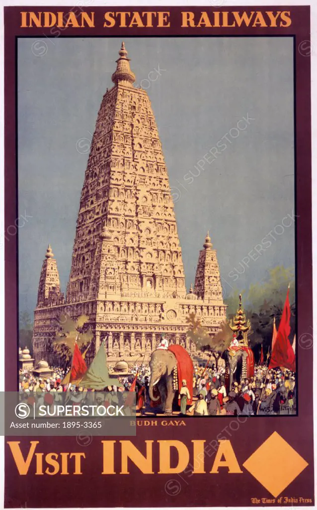 Indian State Railways poster. ´Visit India - Budh Gaya´ by William Spencer Bagdatopolos.