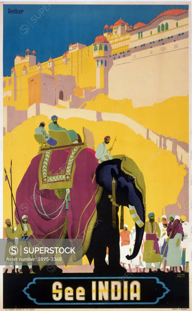 Indian State Railways poster showing Amber Fort in Rajasthan, by Austin Cooper.