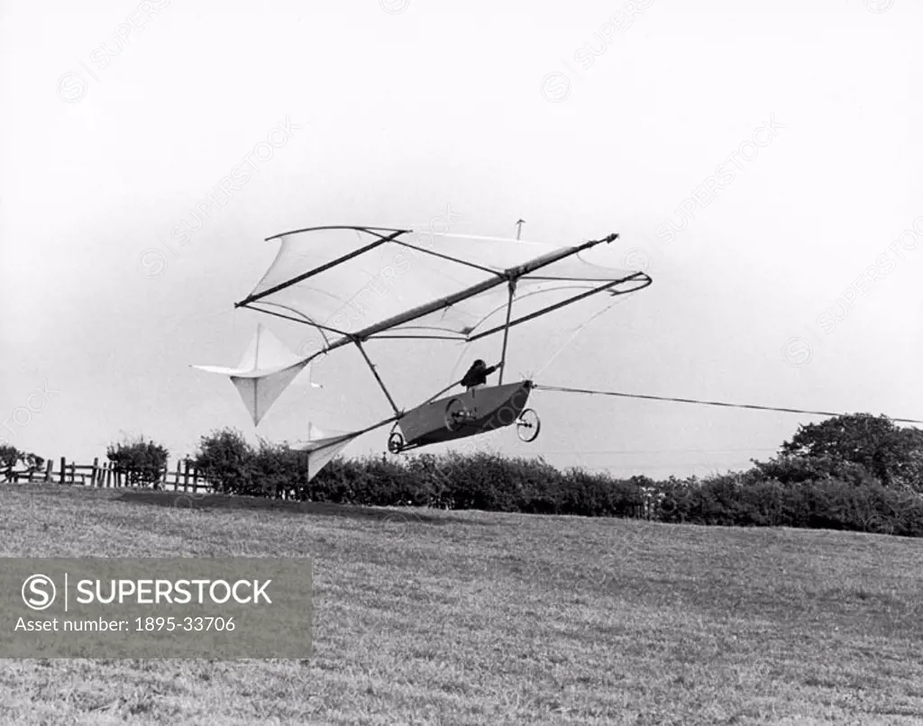 Reconstructed Cayley man carrier of 1853 seen in towed flight in 1973. Anglia TV produced and filmed the replica which was flown by Derek Piggott. Sir...