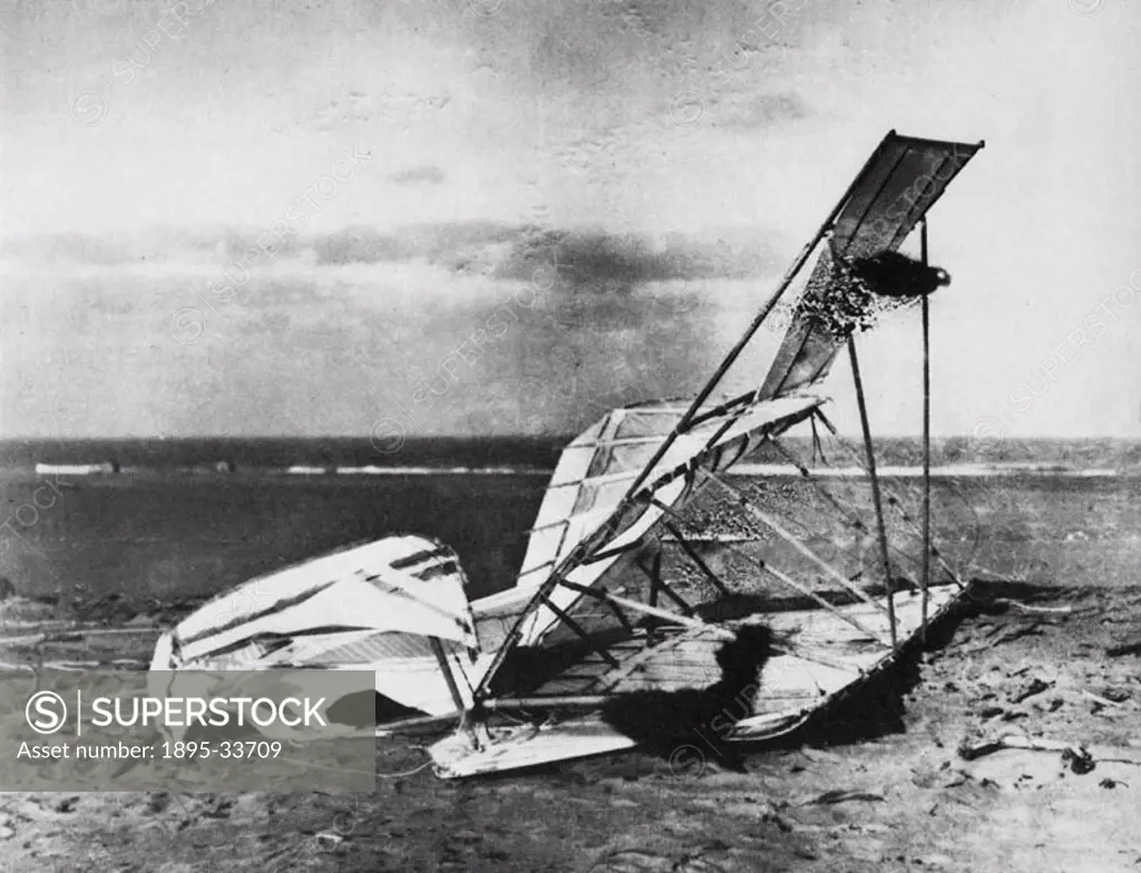 Wright Brothers 1900 glider after suffering wind damage in 1900 at Kittyhawk, North Carolina. The Wright Brothers experimented with unmanned and manne...