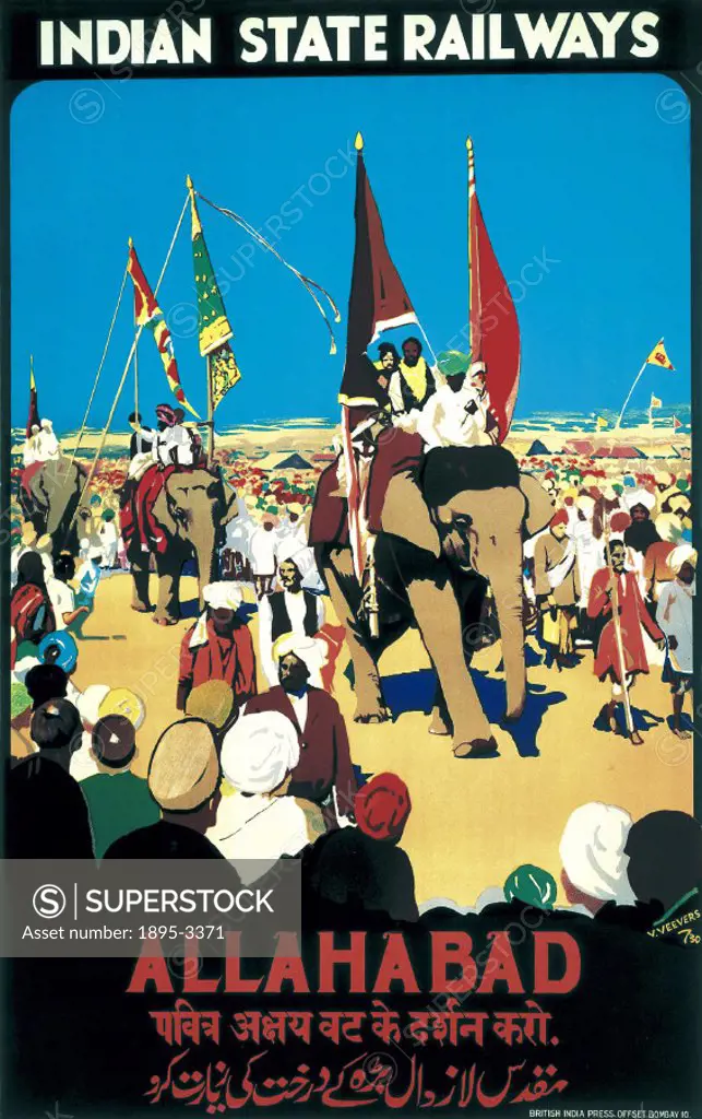 Poster produced for the Indian State Railways. The poster shows a parade of people riding elephants, which are bearing large flags. Spectators look on...