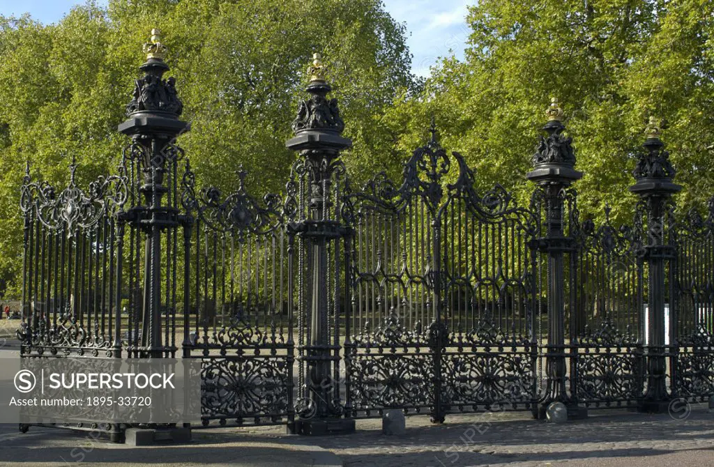 After they were exhibited at the Great Exhibition, 1851, these cast iron gates were re-erected at the entrance to Kensington Gardens, London, where th...