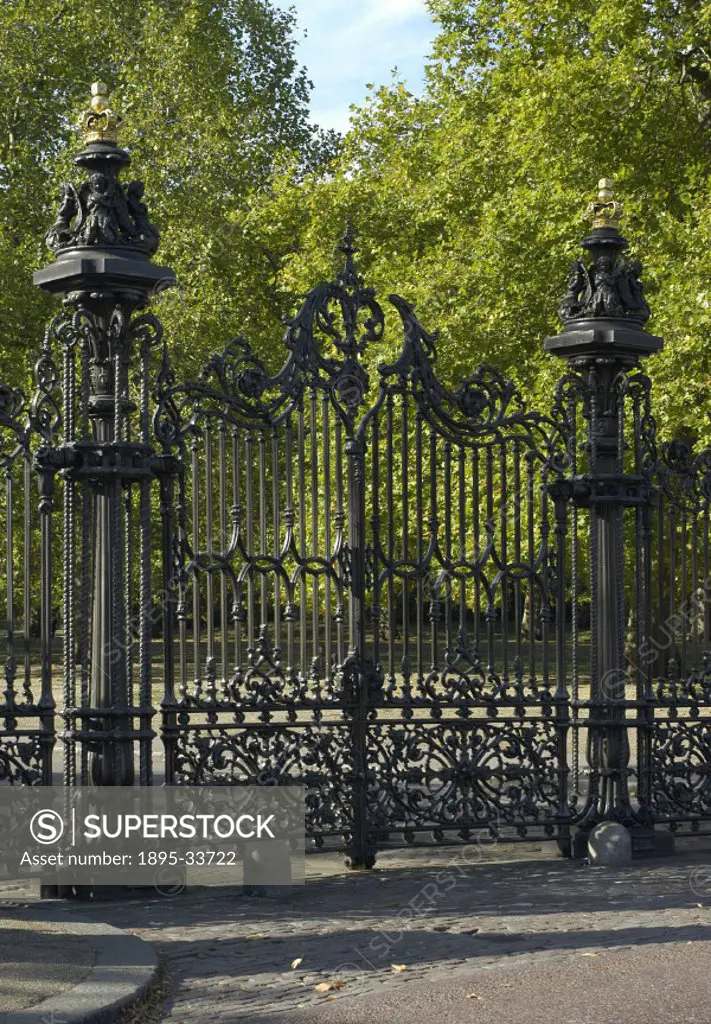 After they were exhibited at the Great Exhibition, 1851, these cast iron gates were re-erected at the entrance to Kensington Gardens, London, where th...
