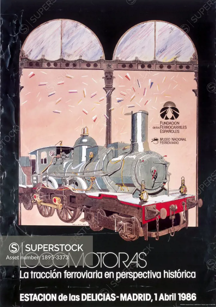 Fundacion de los Ferrocarriles Espanoles/Museo Nacional Ferroviario poster. ´Locomotoras - La Traccion Ferroviaria en Perspectiva Historica, 1986´.