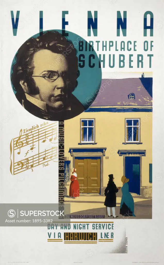 Poster produced for the London & North Eastern Railway (LNER), A Music-Lover´s Pilgrimage - No 5, showing a portrait of the classical composer, Franz ...