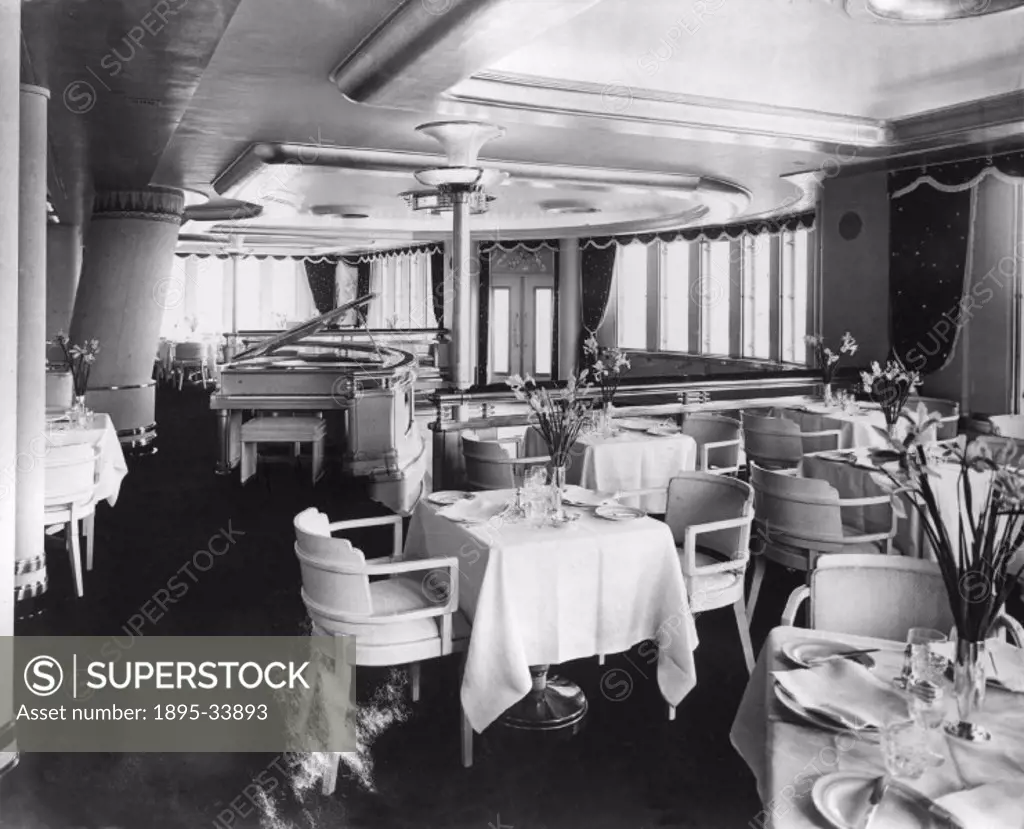 View of a dining room, possibly from the Cunard Steamship Company´s ´Saxonia´ liner, built by John Brown & Company Ltd, Clydebank, Scotland in 1954. T...
