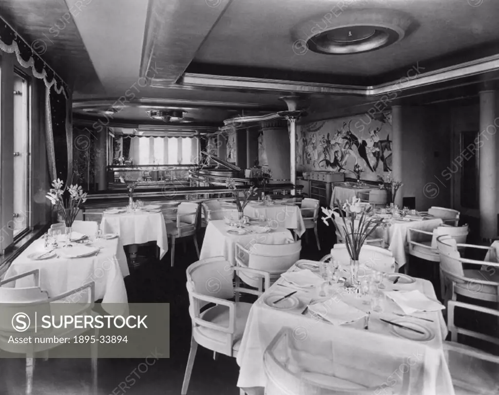 View of a dining room, showing a piano and tables, possibly from the Cunard Steamship Company´s ´Saxonia´ liner, built by John Brown & Company Ltd, Cl...