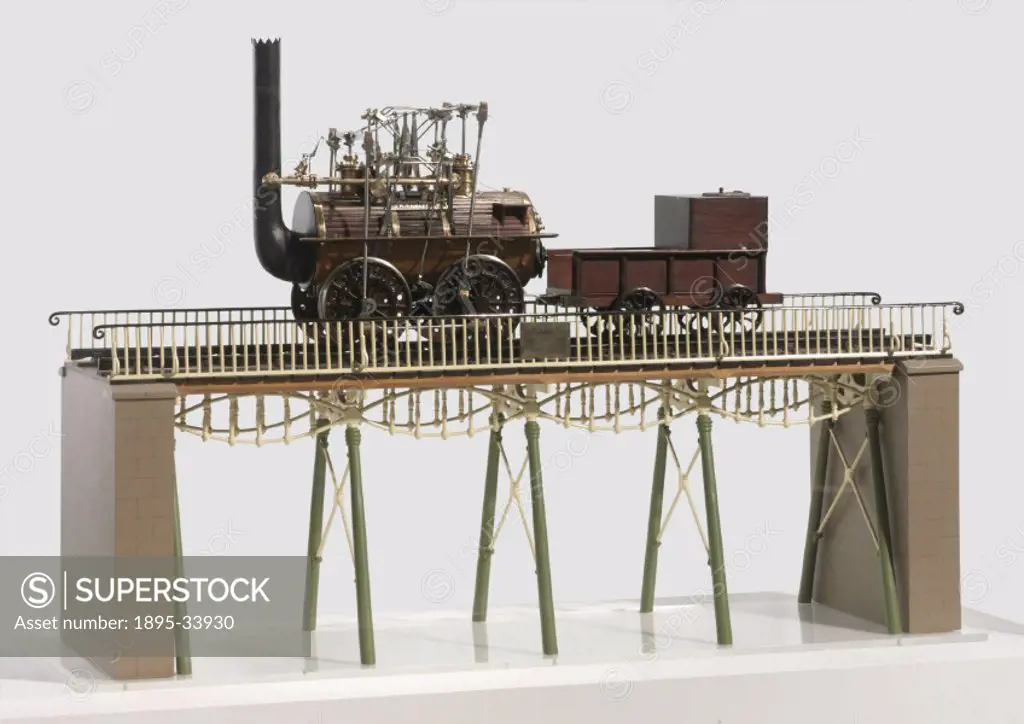 Model of ´Locomotion´ crossing a bridge. Locomotion was built by Robert Stephenson & Co in 1825, and was first used to haul the special train which op...
